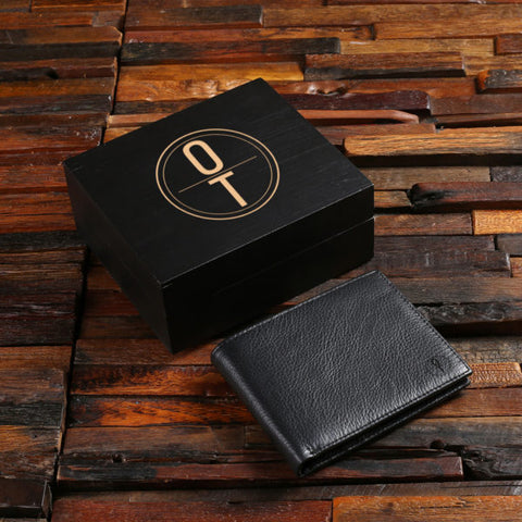 Men’s Personalised Black Engraved Leather Wallet & Black Wood Box