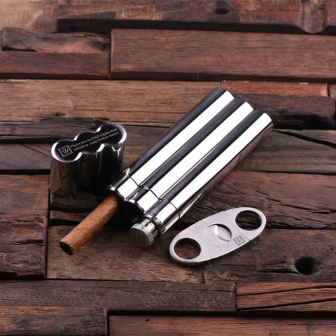 Personalised Stainless Steel Cigar Holder with Whiskey Flask and Cutters