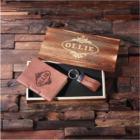 Personalised 2 Pc. Gift Set - Key Chain & Journal with Wood Box