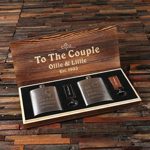 Personalised Couples Gift with Key and Whiskey Flask in a Wood Gift Box