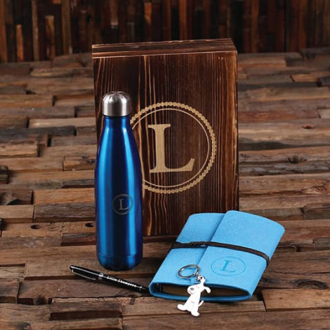5pc Women's Gift Set Personalised Monogramed Felt Journal, Water Bottle, Pen, Key Chain And Wood Box, Blue