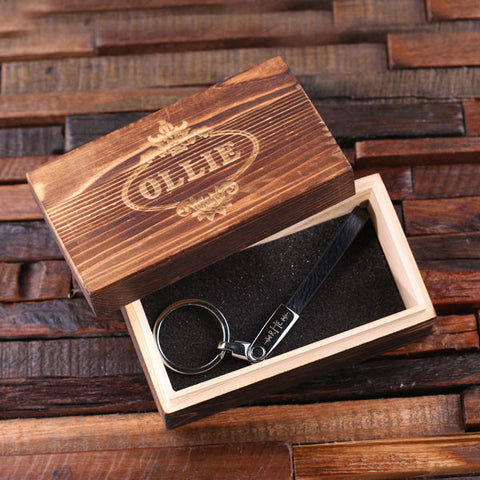 Personalised Thin Leather Strap Key Ring with Gift Box