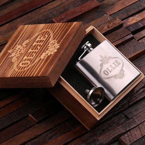 Personalised Stainless Steel Flask with Wood Gift Box - 180mL