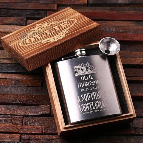 Personalised Stainless Steel Flask with Wood Gift Box - 210mL