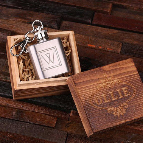Personalised Stainless Steel Key Ring Flask with Wood Gift Box - 30mL
