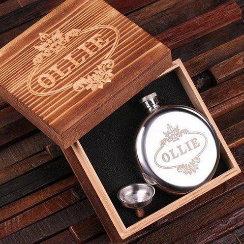 Personalised Stainless Steel Round Flask with Wood Gift Box - 150mL