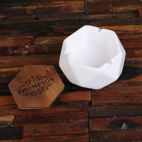 Geometric Ceramic Ashtray Set In Black And White With Wood Lid