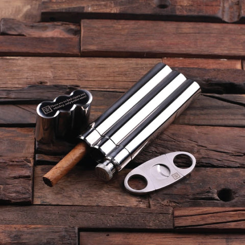 Personalized Stainless Steel Cigar Holder With Whiskey Flask And Cutters