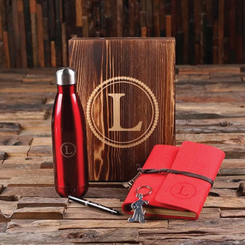 5pc Women's Gift Set Personalised Monogrammed Felt Journal, Water Bottle, Pen, Key Chain And Wood Box, Red