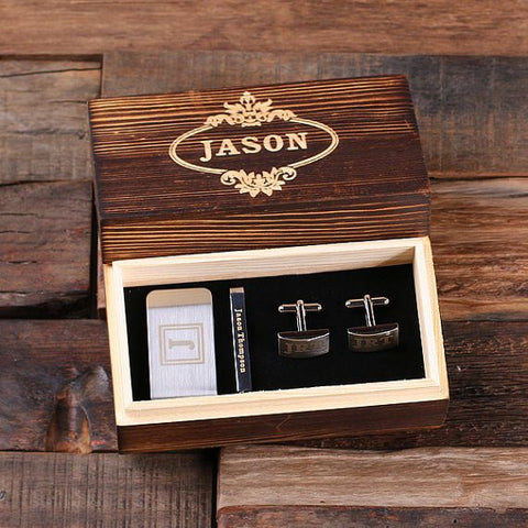 Personalised Gift Set with Rectangle Cufflinks, Money Clip and Tie Bar