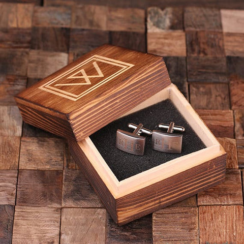 Personalised Engraved Cufflinks – Classic Monogram with Wood Box
