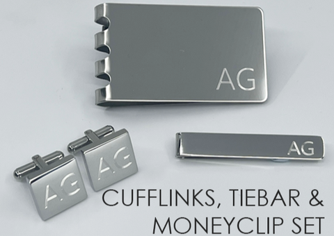 Engraved Square Silver Cufflink, Tie Bar & Money Clip Set