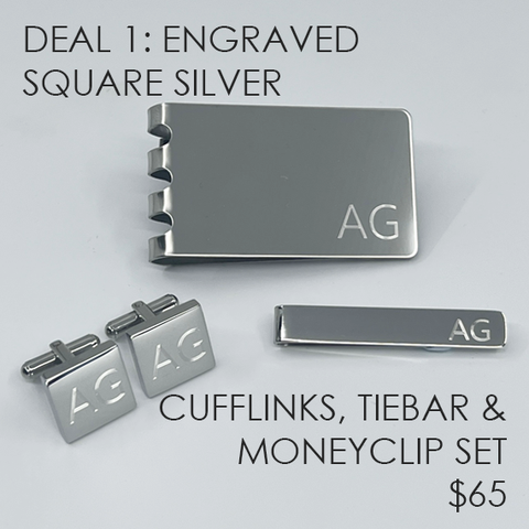 Engraved Square Silver Cufflink, Tie Bar & Money Clip Set