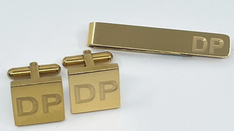 Engraved Square Gold Cufflink & Tie Bar Set