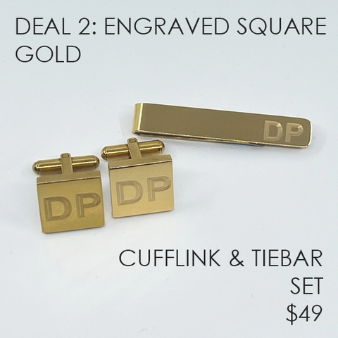 Engraved Square Gold Cufflink & Tie Bar Set