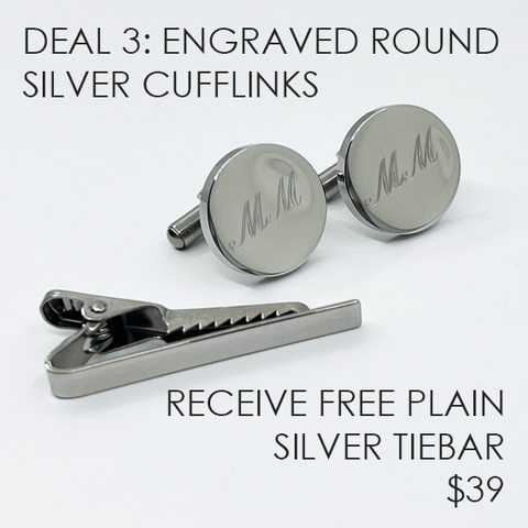 Engraved Round Silver Cufflink + Free Plain Tiebar