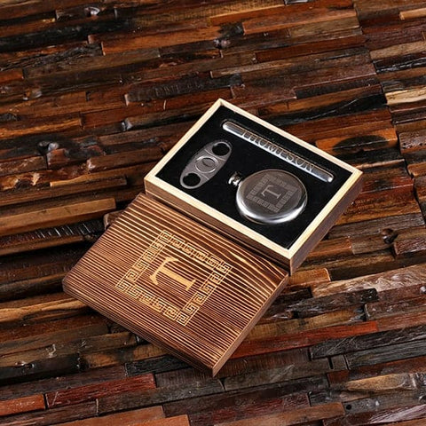 Round 5 oz. Flask, Cigar Holder & Cutter with Engraved Wood Box