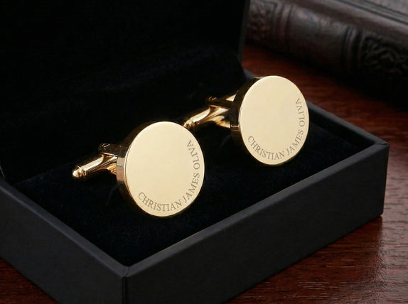 Personalised Engraved Full Name Round Gold Cufflinks