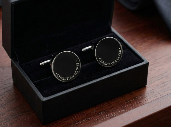 Personalised Engraved Full Name Round Gunmetal Cufflinks