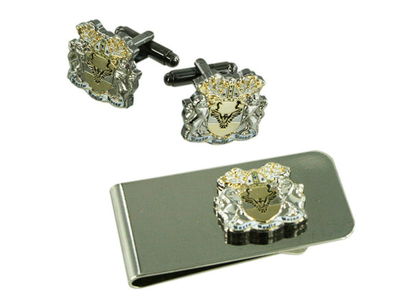 Double Plated Custom Personalised Shield Cufflinks + Money Clip