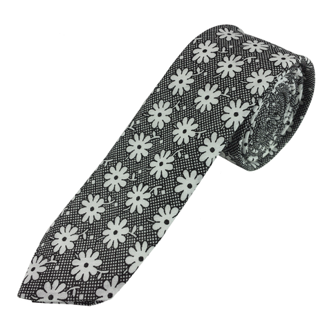 Black and White Floral Check Skinny Tie