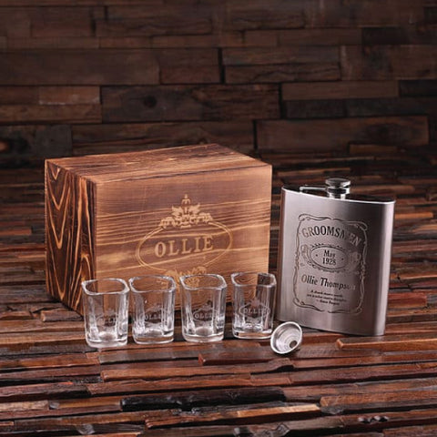 Personalized 4 Pc. Gift Set - 18 Oz. Flask W/Funnel, 4 Shot Glasses & Keepsake Box