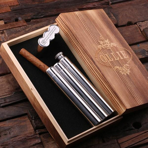 Personalised Stainless Steel Cigar Holder with Whiskey Flask & Wood Box