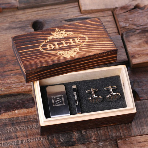 Personalised Gift Set with Oval Cufflinks, Money Clip and Tie Bar