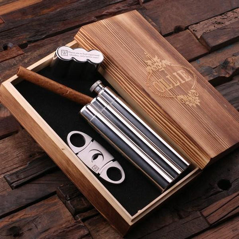 Personalised Stainless Steel Whiskey Flask Cigar Holder and Cigar Cutter Gift Set