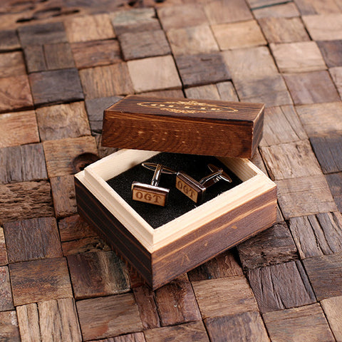 Personalised Rectangle Wood Insert Silver Cufflinks with Gift Box