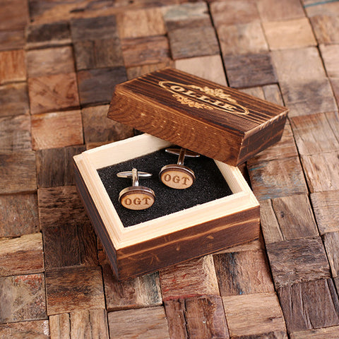 Personalised Oval Wood Insert Silver Cufflinks with Gift Box