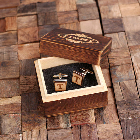 Personalised Square Wood Insert Silver Cufflinks with Gift Box