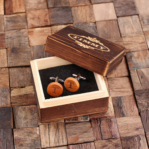 Personalised Round Wood Cufflinks with Gift Box