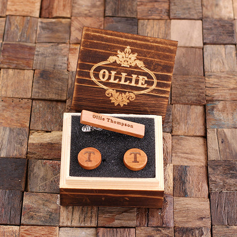 Personalised Round Wood Cufflinks and Tie Bar Gift Set