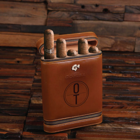 Leather And Wood Five Cigar Case Holder With Zip Closure