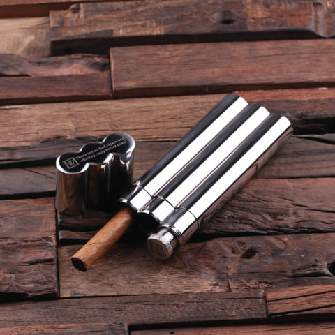 Personalized Stainless Steel Cigar Holder With Whiskey Flask