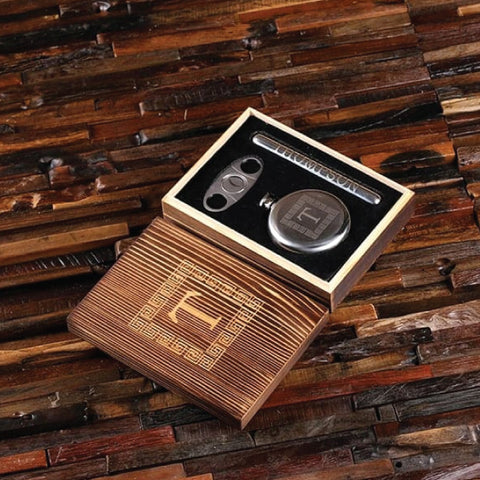 Round 5 Oz. Flask, Cigar Holder And Cutter With Engraved Wood Box