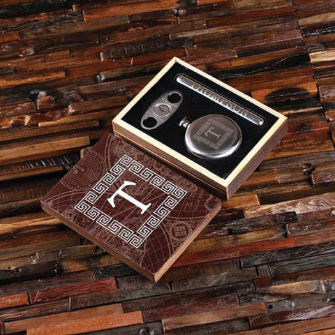 Round 5 Oz. Flask. Cigar Holder And Cutter With Printed Wood box