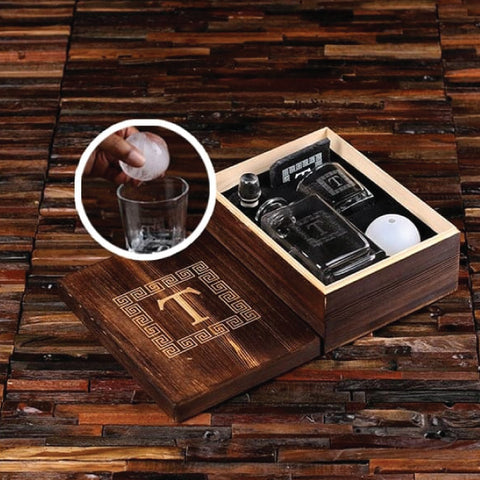 Whiskey Ball, Decanter. Whiskey Glass, Slate Coaster (Ice Ball Maker Mold), Engraved Wood Box