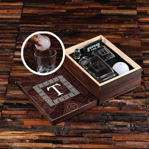 Whiskey Ball, Decanter, Whiskey Glass, Slate Coaster (Ice Ball Maker Mold), Printed Wood Box