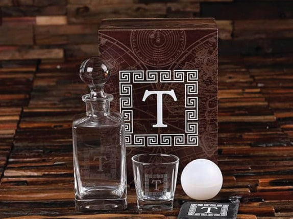 Whiskey Ball, Decanter, Whiskey Glass, Slate Coaster (Ice Ball Maker Mold), Printed Wood Box