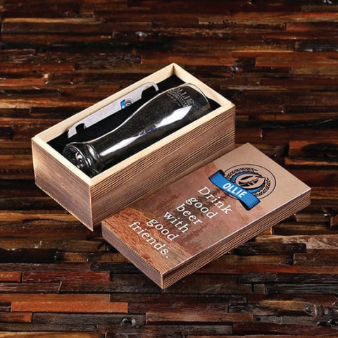 Bottle Opener And Pilsner, Pint Beer Glass With Printed Wood Box