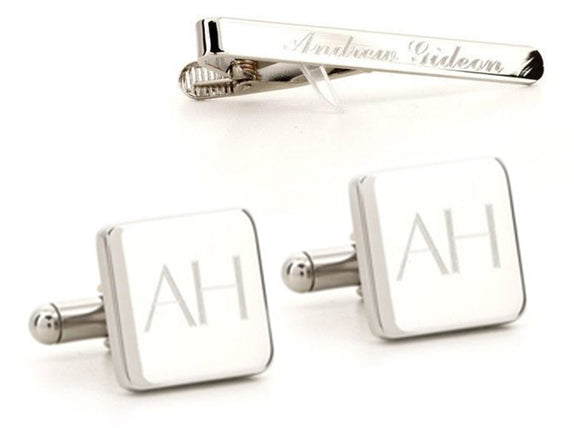 Engraved Square Silver Cufflinks and Tie Bar Set