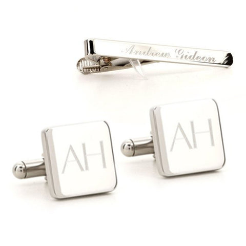 Engraved Square Silver Cufflinks and Tie Bar Set