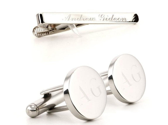 Engraved Round Silver Cufflinks and Tie Bar Set