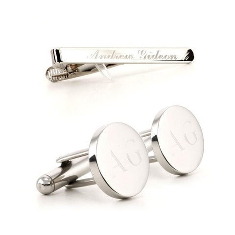 Engraved Round Silver Cufflinks and Tie Bar Set
