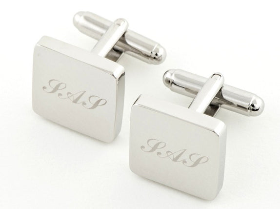 Engraved Square Silver Cufflinks and Tie Bar Set